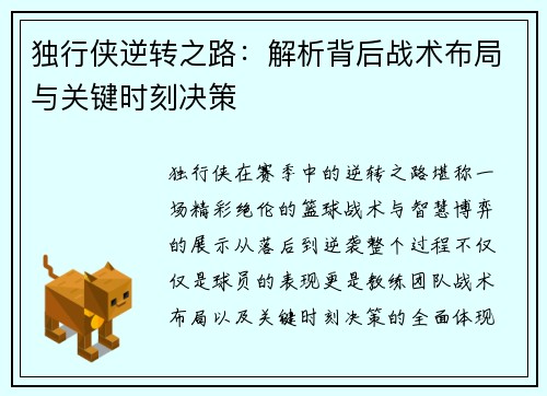独行侠逆转之路：解析背后战术布局与关键时刻决策