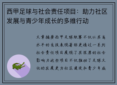 西甲足球与社会责任项目:助力社区发展与青少年成长的多维行动 西甲足球与社会责任项目:助力社区发展与青少年成长的多维行动