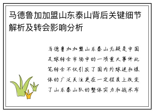 马德鲁加加盟山东泰山背后关键细节解析及转会影响分析
