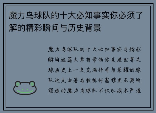 魔力鸟球队的十大必知事实你必须了解的精彩瞬间与历史背景